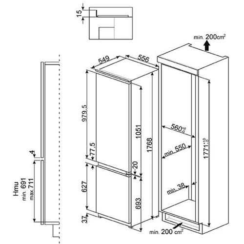 Smeg CD7276NLD2P Kühl-gefrierkombination | Einbauversion | Energieklasse A++ | 255 L, No Frost (Kühlschrank), SN-T