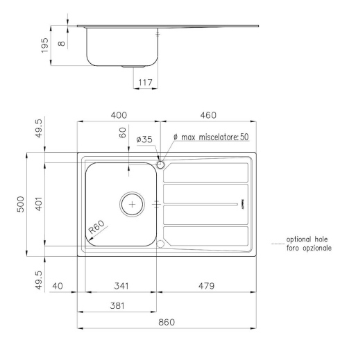 Foster Elettra 1Vdx+Sc B8 Inox - 5186061 Évier Über-Top | Edelstahl AISI 304 gebürstet, Abmessungen 860 x 500