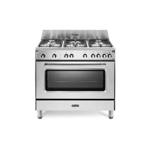 De'Longhi MGV965XXED2 Cuisinière Pose libre | Classe énergétique A | inox, piano acciaio, 5 gas (1TC), griglie ghisa, gas ventilato 6 funz., acc.ne sottomanopola, grill elettrico, vano scaldavivande